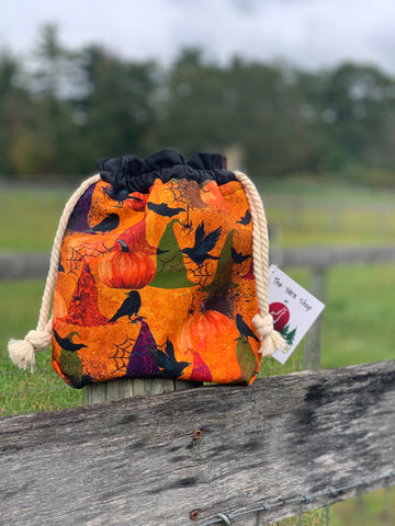 Drawstring Project Bag by Rose (MEDIUM) - COUNTDOWN to SAMHAIN / Spider webs & Black