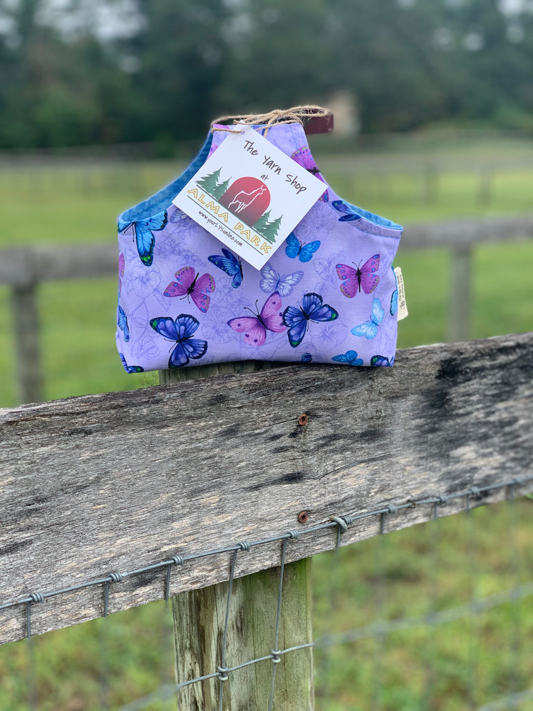 Handle Project Bag by Rose (Small)- Perfect for SOCK Knitters -  PURPLE and BLUE BUTTERFLIES with Blue