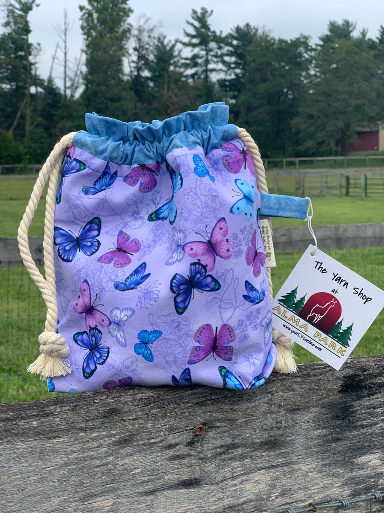 Drawstring Project Bag by Rose (MEDIUM) - PURPLE and BLUE BUTTERFLIES with Blue