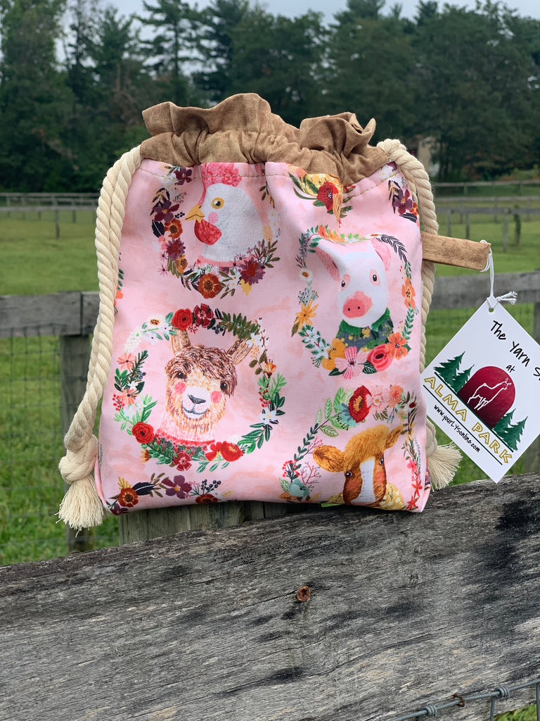 Drawstring Project Bag by Rose (MEDIUM) FARM ANIMALS with Tan