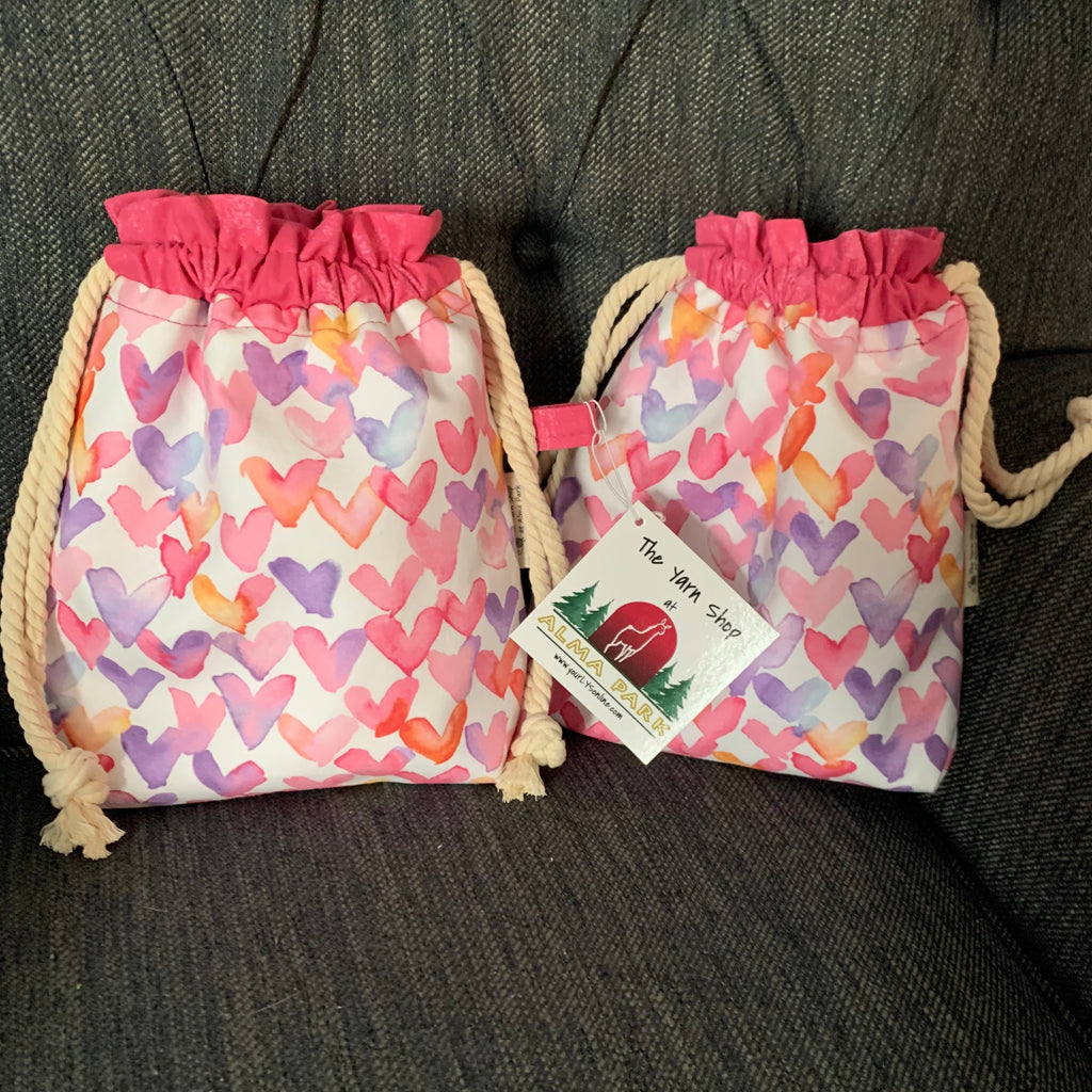 Drawstring Project Bag by Rose (MEDIUM) - PASTEL HEARTS with Bright Pink