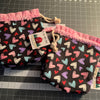Drawstring Project Bag by Rose (MEDIUM) - HEARTS on BLACK (shiny red hearts) with Pink