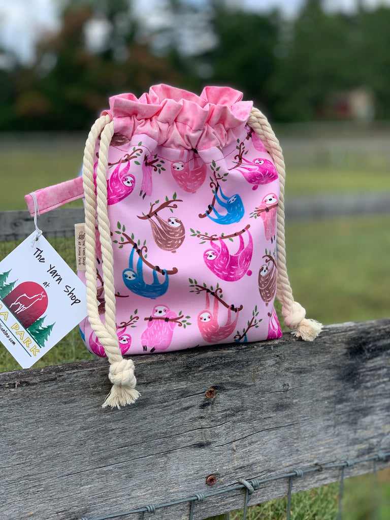 Drawstring Project Bag by Rose (MEDIUM) - SLOTHS with light pink trim