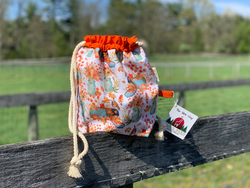 Drawstring Project Bag by Rose (LARGE) - PUMPKIN and Blue Mason Jars with Orange