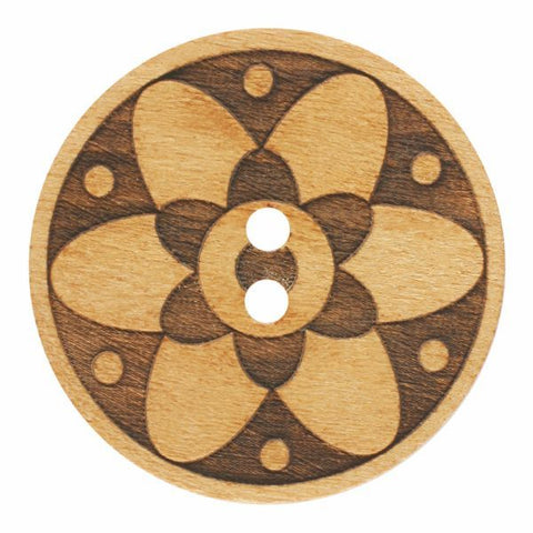 WOOD BUTTON ROUND SHAPE W/ FLORAL DESIGN AND 2 HOLES - 23MM - BROWN
