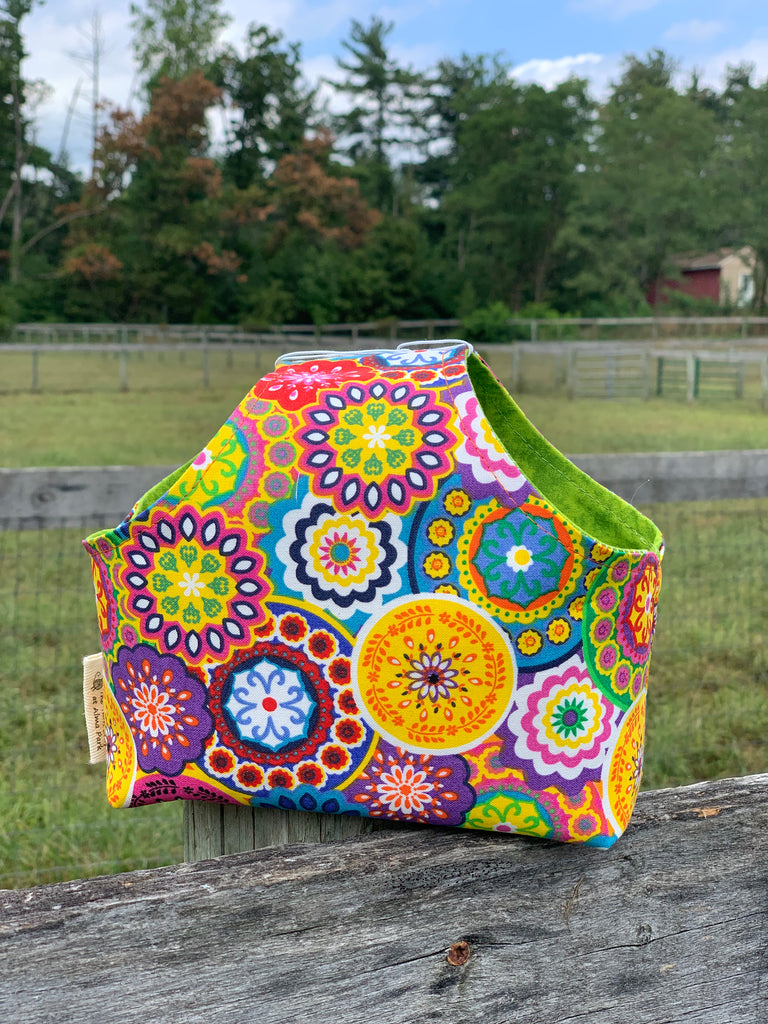 Handle Project Bag by Rose (Small)- Perfect for SOCK Knitters -  Colorful Mandalas / Chartreuse