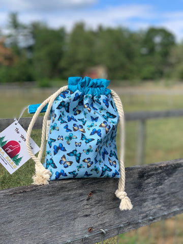 Drawstring Project Bag by Rose (MEDIUM) - Butterflies with Turquoise