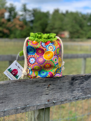 Drawstring Project Bag by Rose (MEDIUM or LARGE) - Colorful Mandalas with Chartreuse