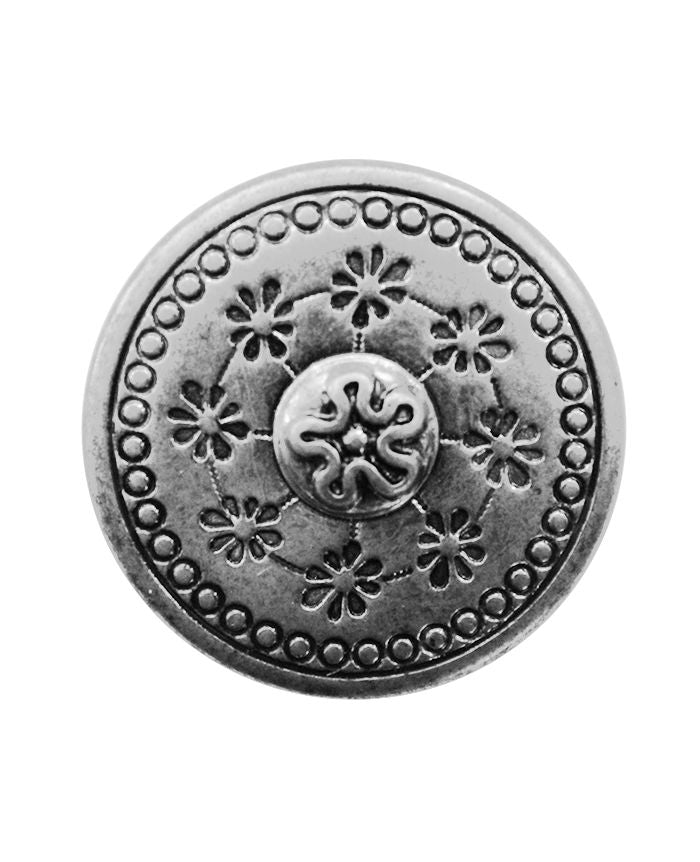 FULL METAL BUTTON W/FLORAL DESIGN AND SHANK - 20MM - ANTIQUE SILVER