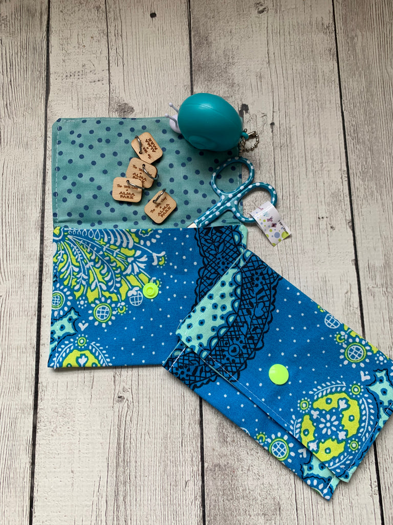 Notions Pouch by Rose (single pocket) -  Blue and yellow medallions/blue dots